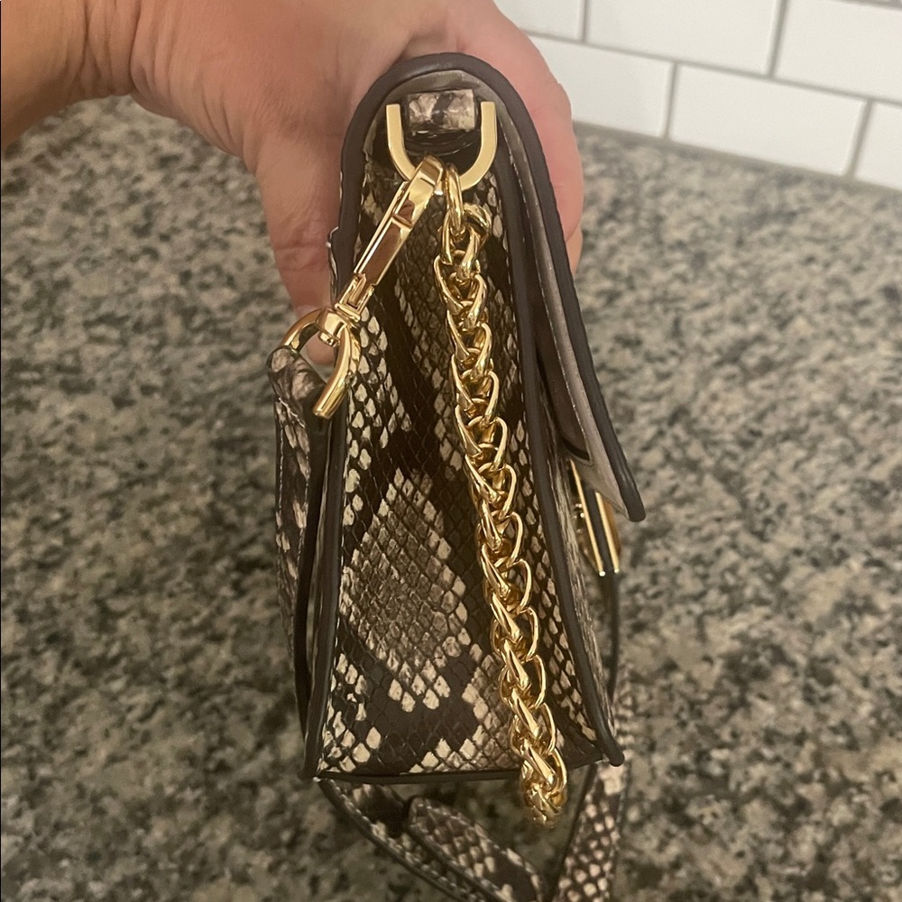 Michael Kors Snakeskin-Print Clutch with Gold MK Lock - Picture 7 of 10